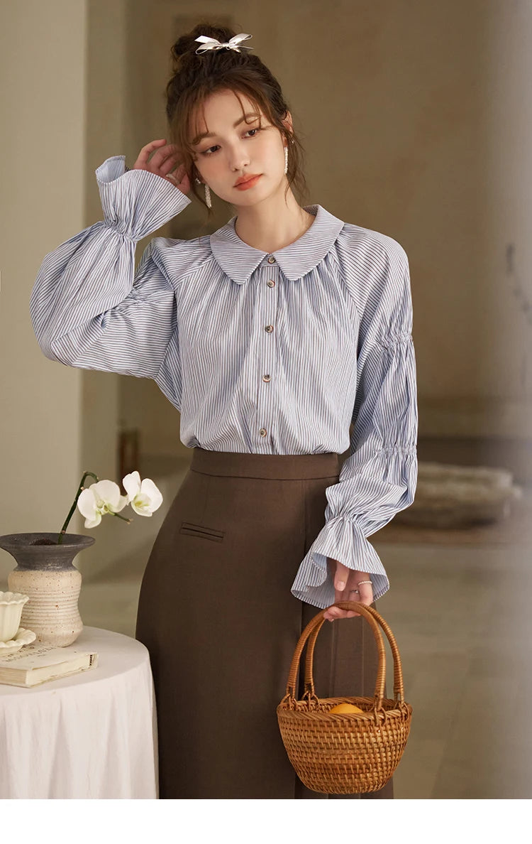 MISHOW Women's Blue Stripe Shirt 2024 Spring Fashion French Retro Bubble Sleeves Doll Neck Loose Tops Office Lady MXD12C0163