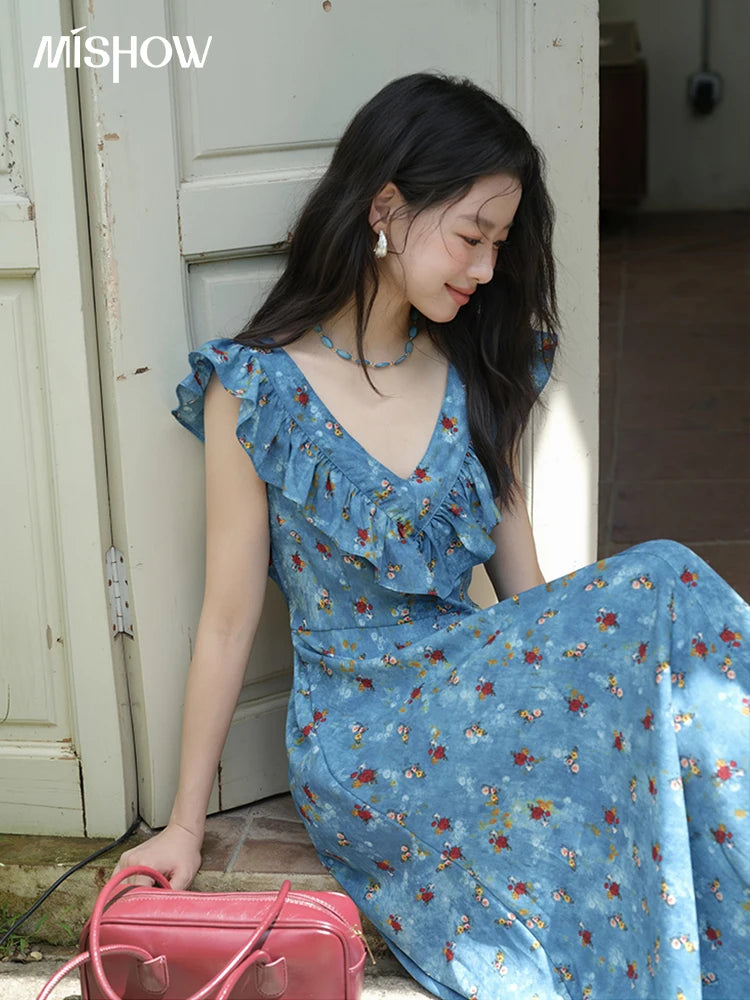 MISHOW Women's Fashion V-neck Ruffled Floral Dress Summer 2025 Flying Sleeve Waist Lace Up Casual Vacation Dresses MXE39L2436