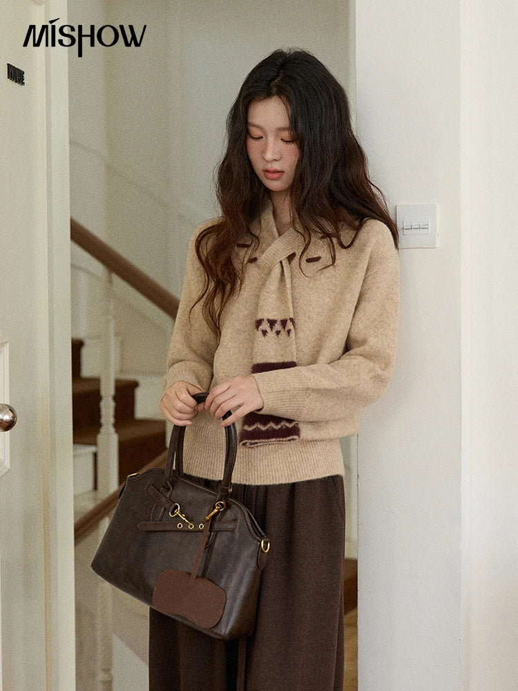 MISHOW Women V-neck Knit Top 2025 French-style Elegant Workwear Long-sleeved Yellow Pullover Women's Winter Clothing MXE87Z2771