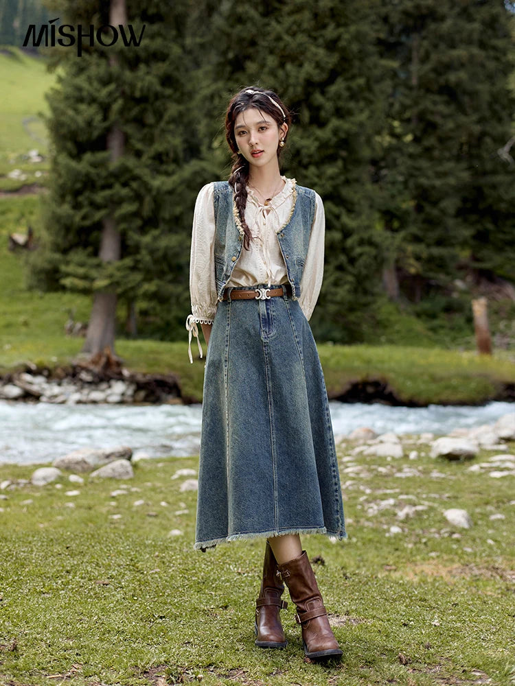 MISHOW Washed Hem Fringed Denim Midi Skirt 2024 Autumn Commuting Versatile A-line Long Skirt Retro Blue Casual Skirts MXD41B0453
