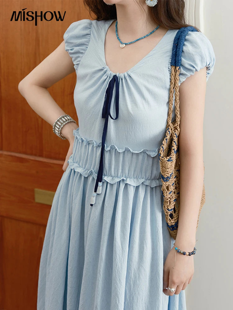 MISHOW Women's Bohemian Embroidery Dress 2025 Summer Ladies Fashion V-neck Lace Up Flower Bud Sleeve Blue Long Dress MXE36L2244