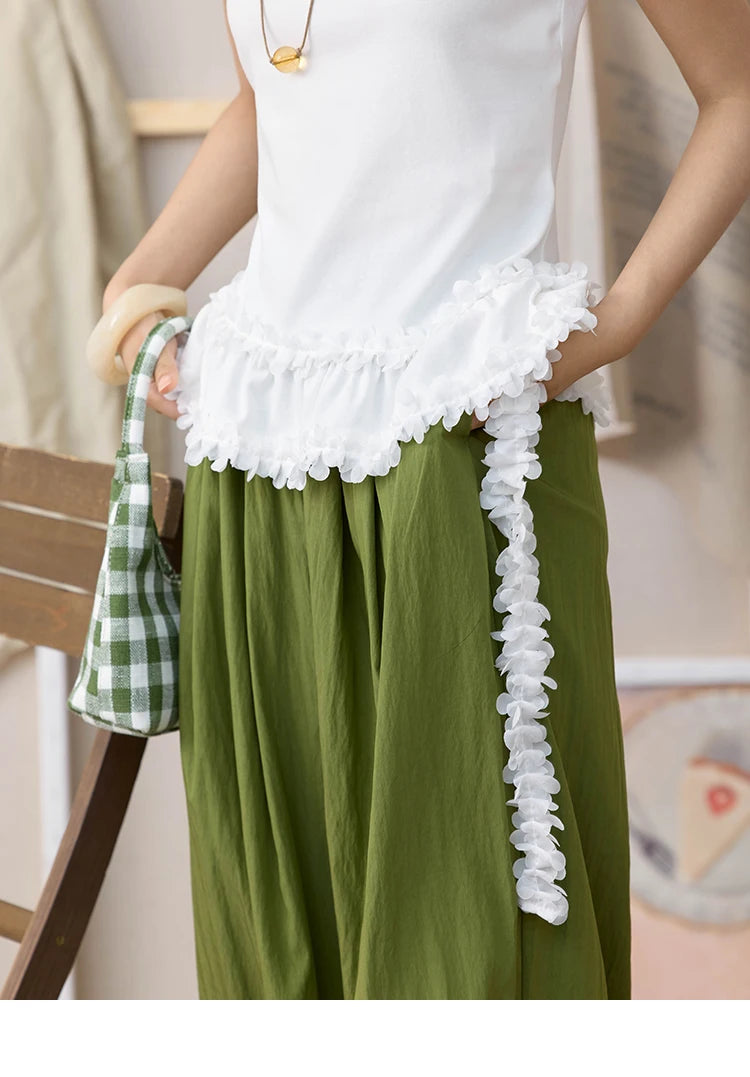 MISHOW White Ruffled T-shirt for Women Summer 2025 Round Neck Loose Slim Cotton Casual Tees with Red Lanyard Necklace MXE34T0557