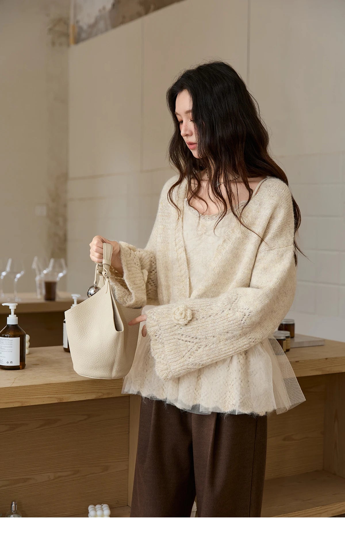 MISHOW Apricot Mesh Stitching Knit Cardigan for Woman Fashion Drawstring Waist Three-dimensional Flower Loose Sweater MXE88Z2707