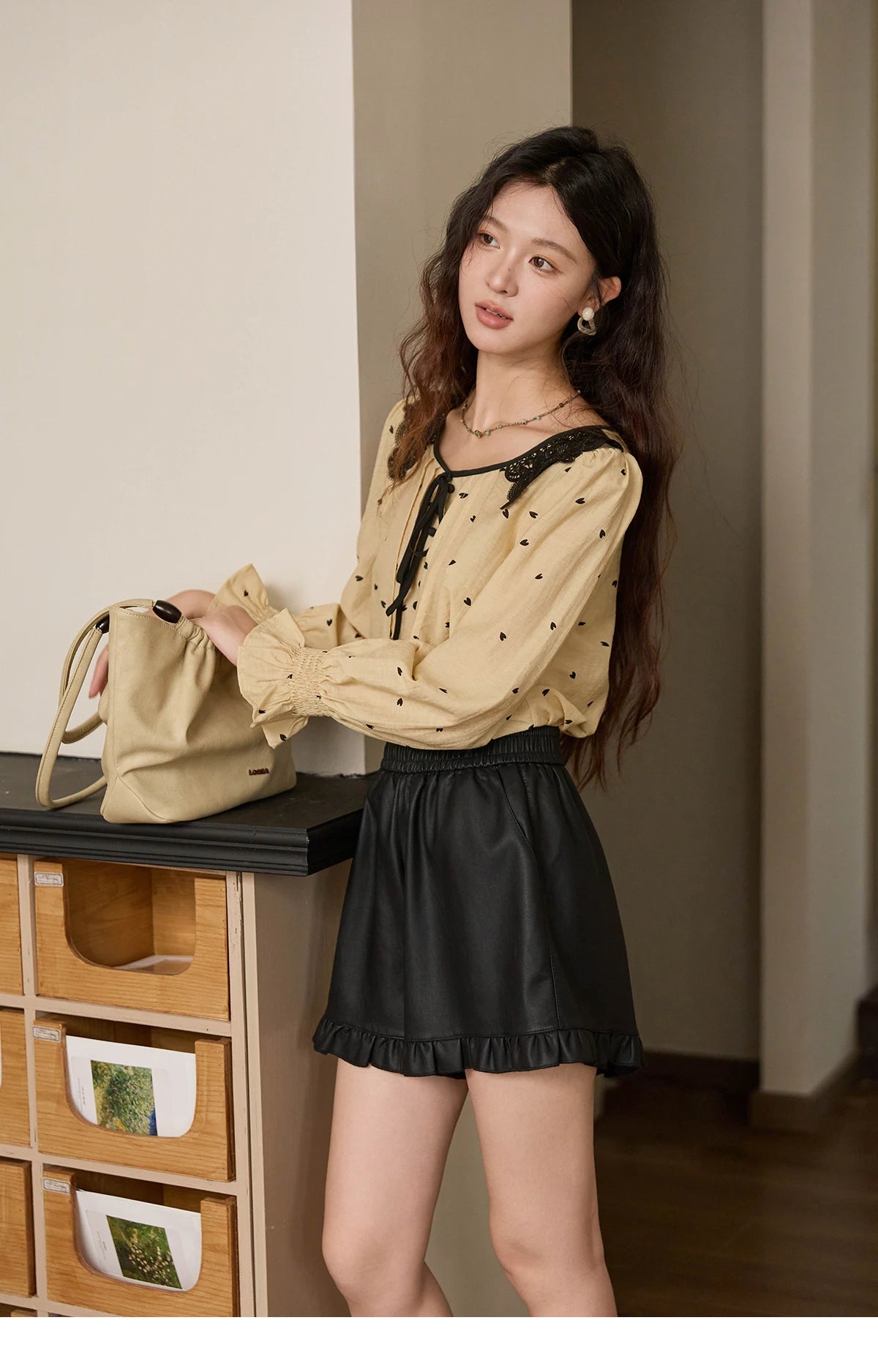 MISHOW Women's Yellow Heart Printed Shirt Autumn Lace Hollowed Out Collar Bubble Sleeve Top Lace-up Commuter Shirts MXE41X1949