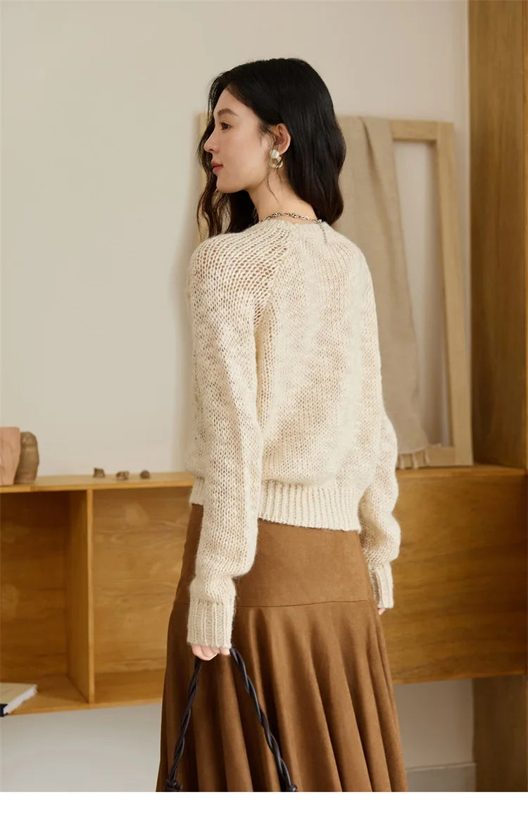 MISHOW Women's Hook Flower Wool Knitted Sweaters Autumn Apricot Wool Blend Loose Lazy Style Top Retro O-neck Sweaters MXE47Z2577