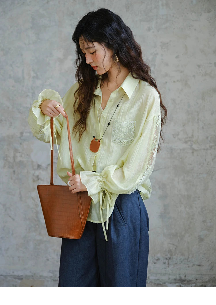 MISHOW Blend Patchwork Lace Cool Shirt Female Autumn 2025 Korean Loose Lapel Drop Sleeve Shirts Drawstring Cuffs Top MXE31C0789