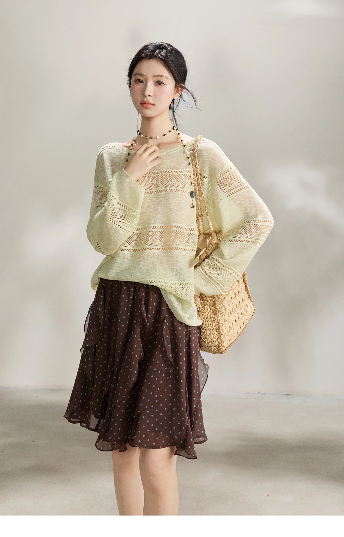 MISHOW Women's Pale Yellow Knit Top 2026 Spring Crew Neck Hollow Out Striped thin tops Casual Loose Sheer Sweater MXF13Z3020