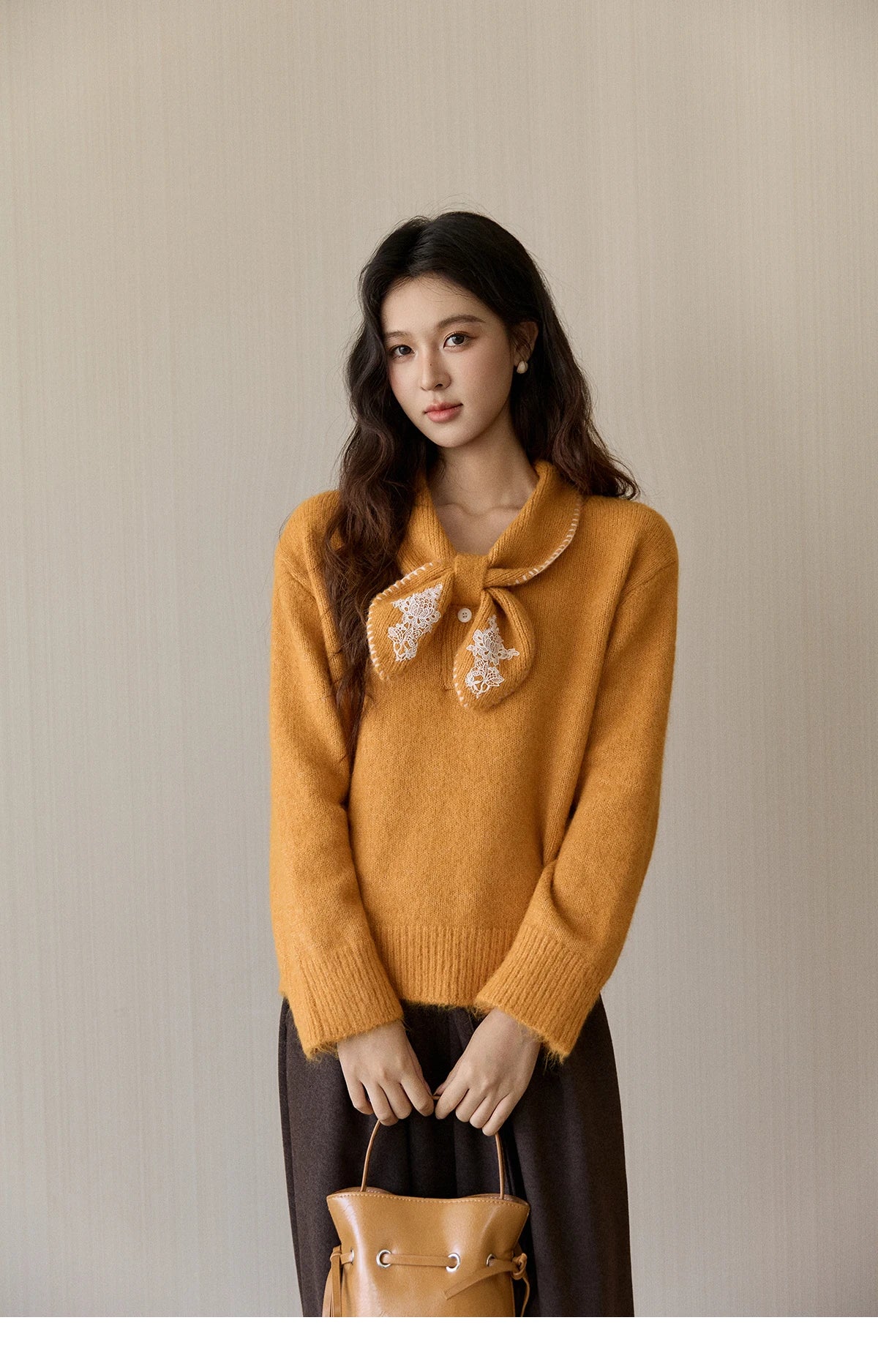 MISHOW Women's Yellow Knitted Sweater 2025 Autumn Winter Bow Collar Splicing Lace Tops Loose Warm Pullover Sweaters MXE94Z2971