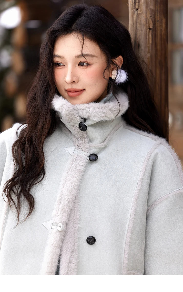 MISHOW Leather Fur Coat Fur Collar with Bag Women Winter Clothes Suede Plush Jacket Pocket Soft Thickened Warm Tops MXD57W0737