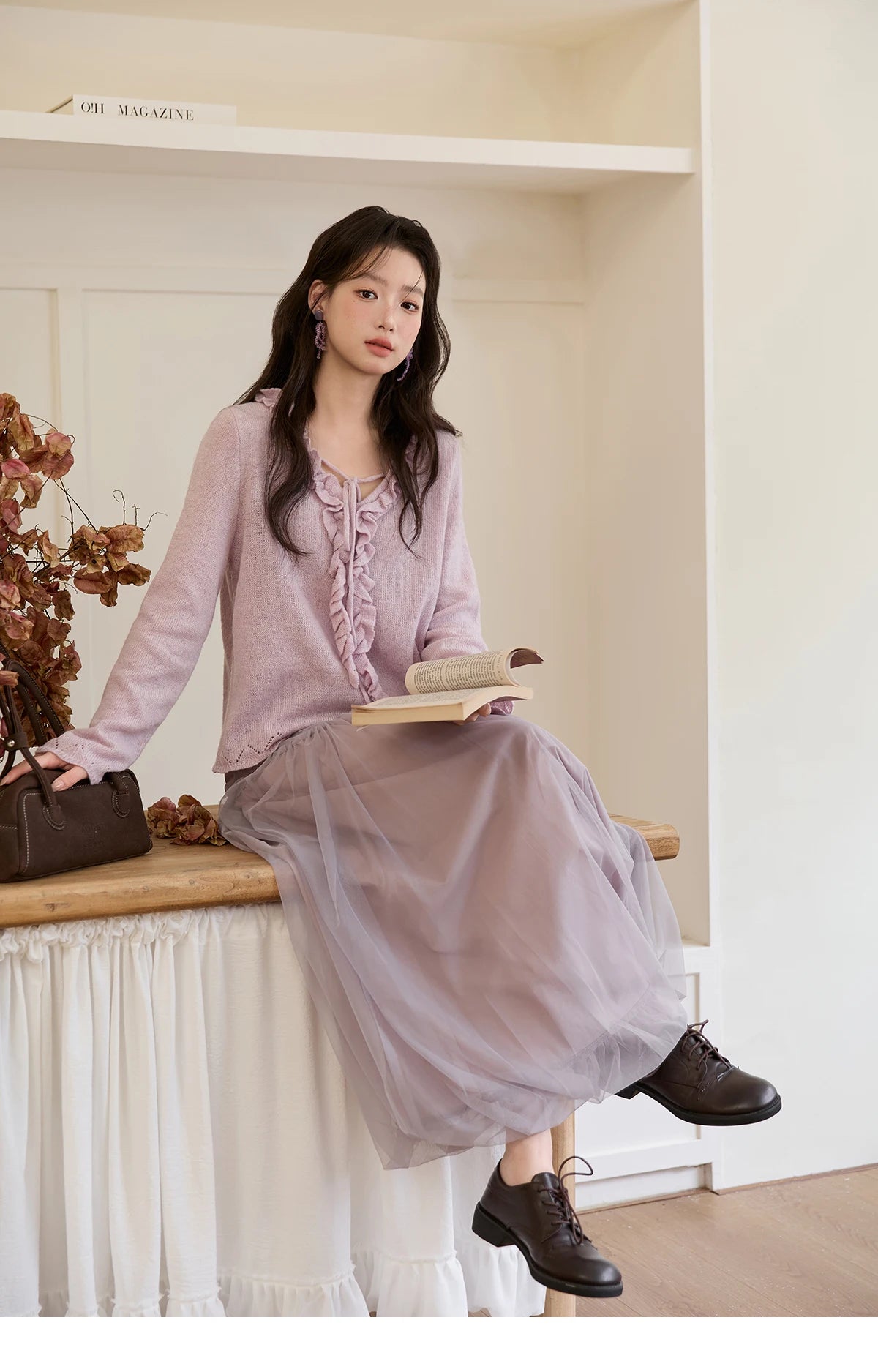 MISHOW Women Long Sleeve Tees 2025 Autumn New V-neck Wood Ear Hollow Out Knitted Sweater Women's  Beige Wool Top MXE51Z2595