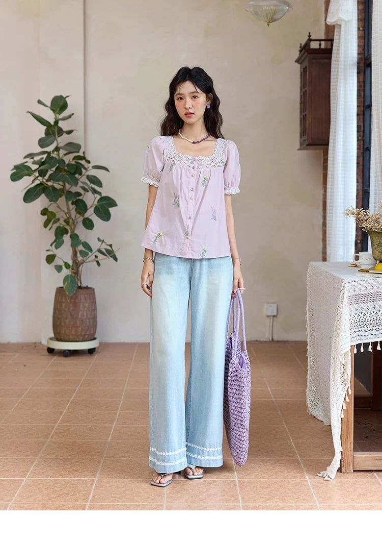 MISHOW Women's Lace Patchwork Embroidered Blouses 2025 Summer Korean Elegant Square Collar Blouse Short Sleeved Tops MXE36X1830