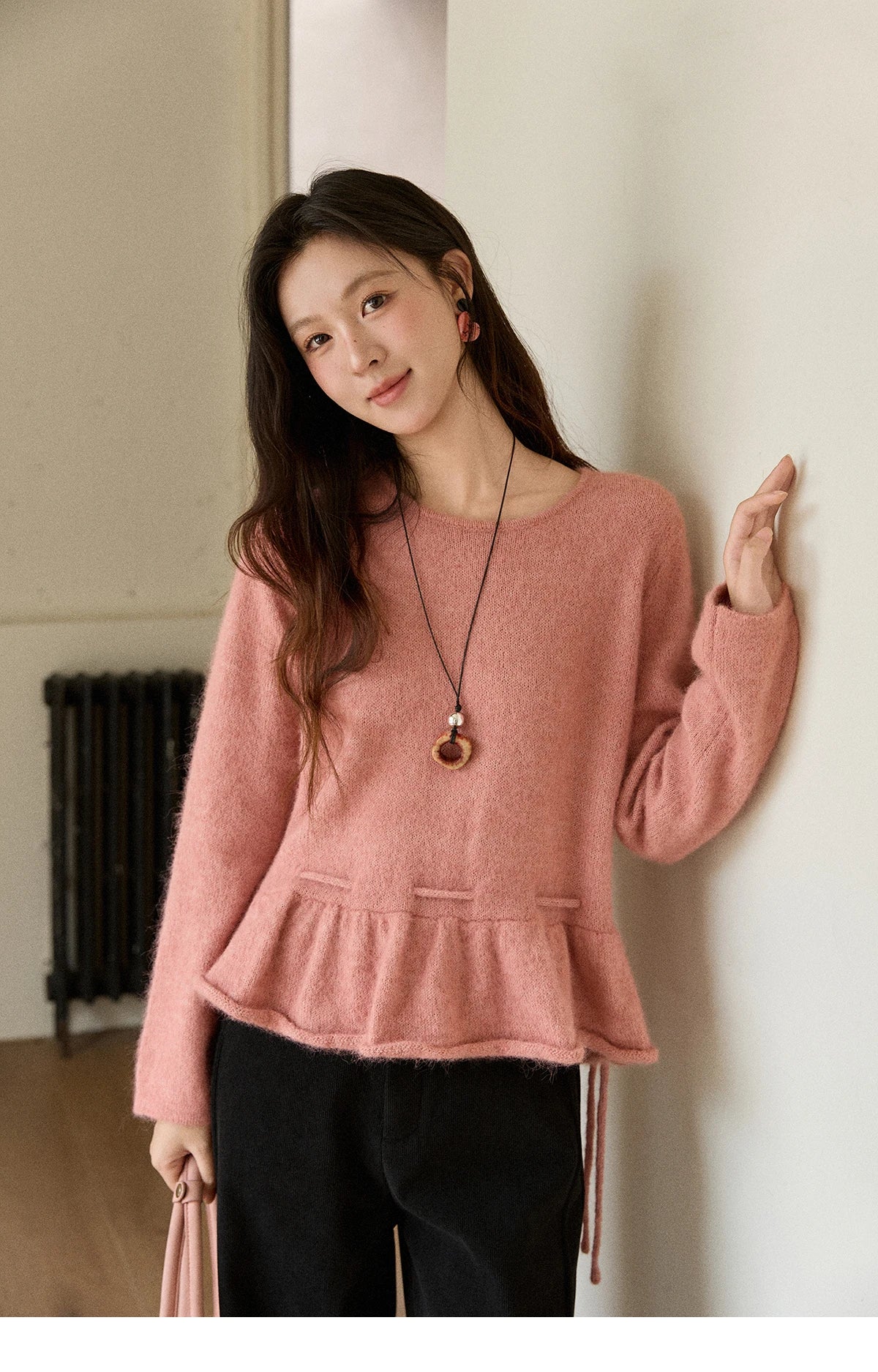 MISHOW Women's Pink Sweater 2025 Winter French Style Round Neck Knit Top Ruffled Hem with Drawstring Belt Pullover MXE90Z2824