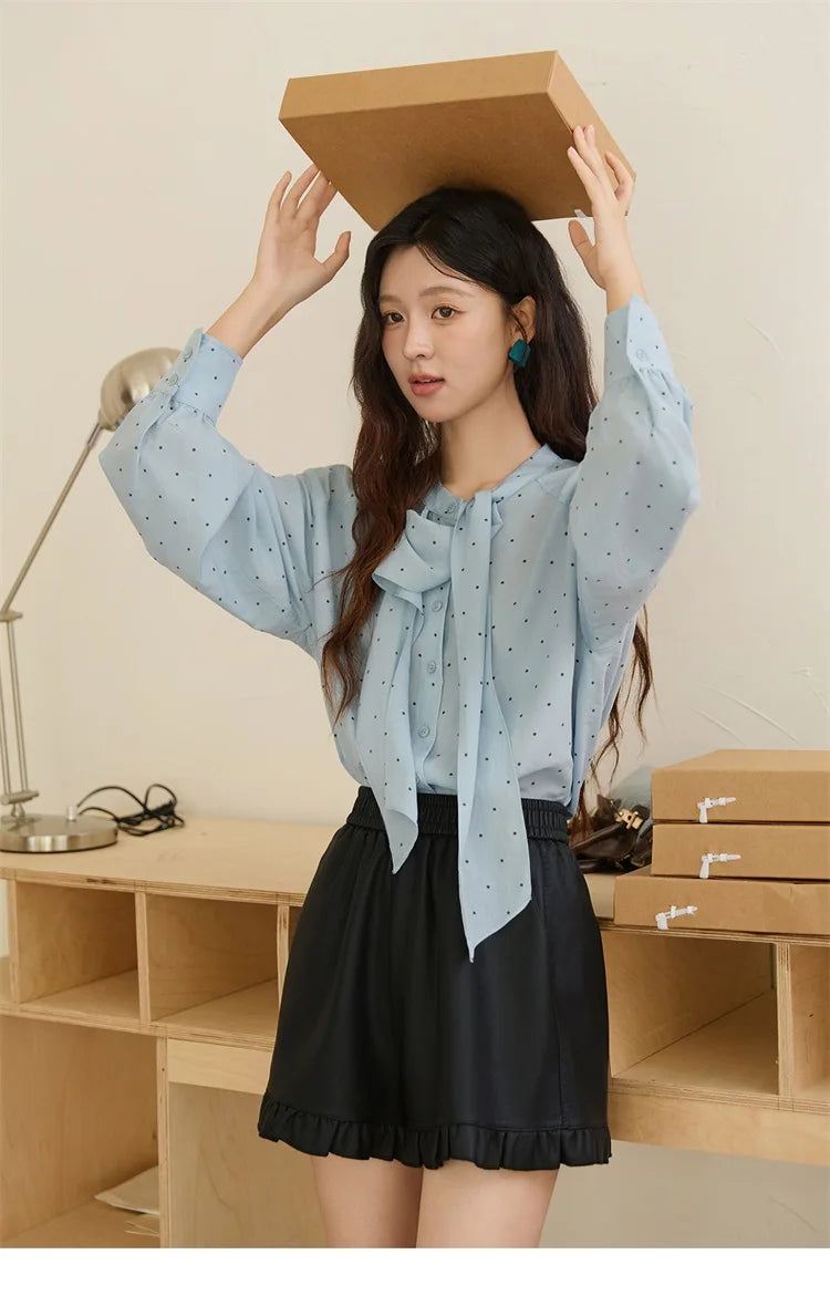 MISHOW Women's Casual Shirt 2025 Autumn French Vintage Blue Polka Dot Shirt Bow Collar Long-sleeve Top Women's Clothe MXE45X2475