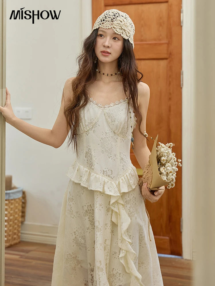MISHOW Bohemian Apricot Lace Camisole Inner Dress Autumn Irregular Ruffle Tassel Hem Dresses Front Side Fork Dress MXE43L2449