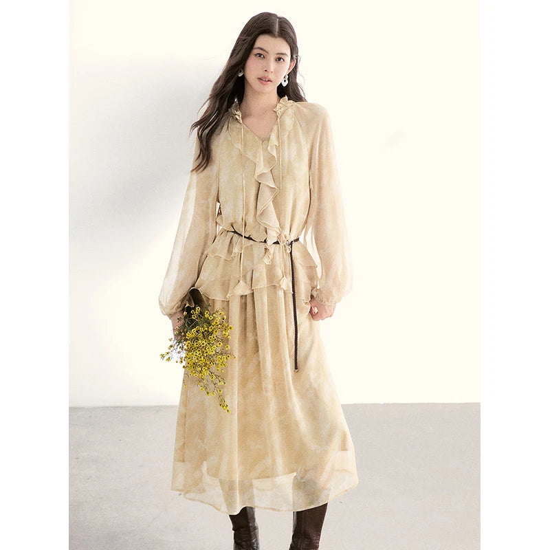 MISHOW Light Yellow Chiffon Maxi Dress 2026 Spring V-Neck Ruffled Belted Floral Print Casual Long Sleeve Dresses MXF11L2554