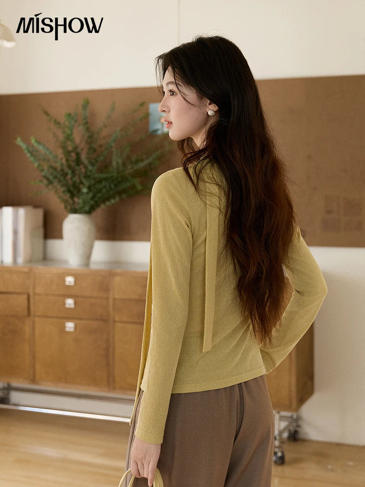MISHOW Women's Yellow Splicing Lace Long Sleeve Knitted Top Spring Ribbon Draped Collar Casual Slim Thin Sweater MXF108Z1030