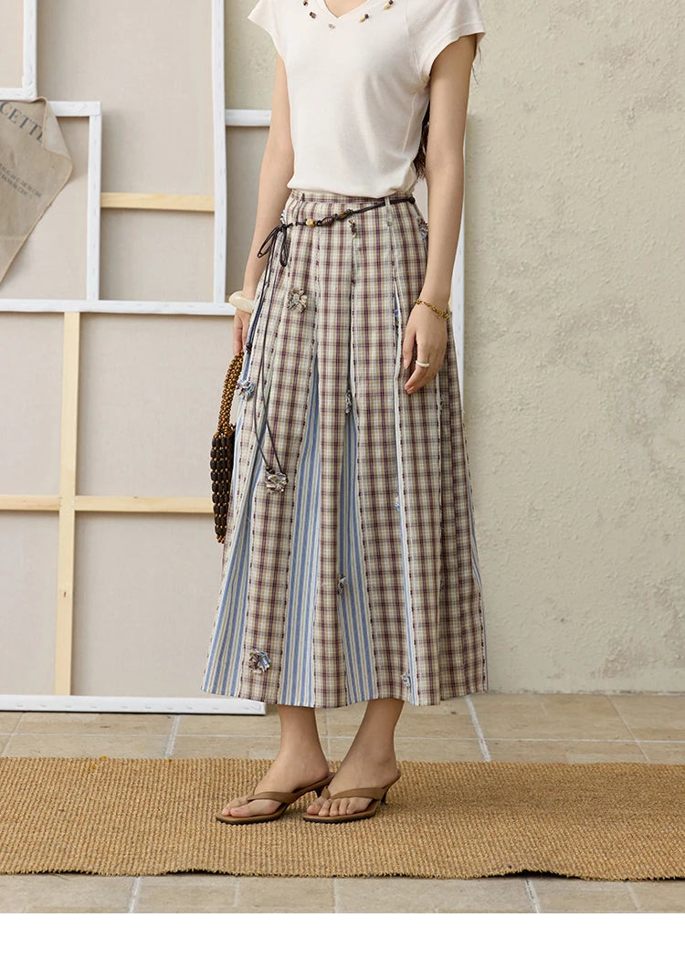 MISHOW Retro Plaid Patchwork Pleats Skirt Summer 2025 Versatile Flowers Slim Skirt A-LINE Skirts Excluding Waist Belt MXE35B0726