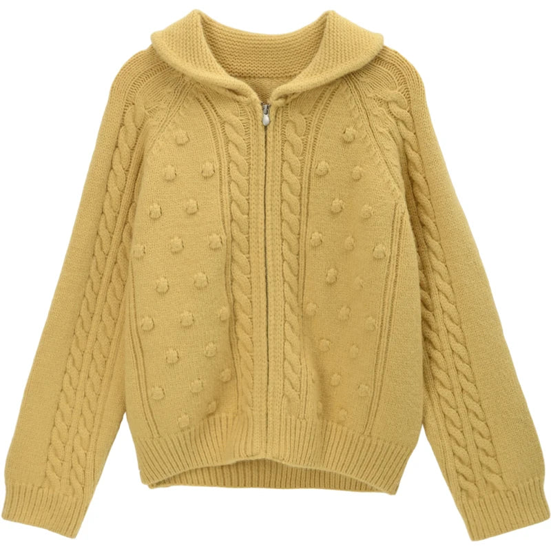 MISHOW Zipper Knit Cardigan Women 2025 Winter Yellow Turn-down Collar Loose Thick Sweater Luxury Comfort Casual Top MXE49Z2619