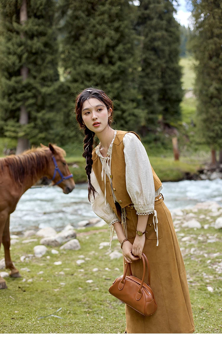 MISHOW Retro High Waist Suede Midi Skirt for Women Autumn 2024 Symmetrical Lip Pouch Skirts Slim Solid A-LINE Skirt MXD41B0486