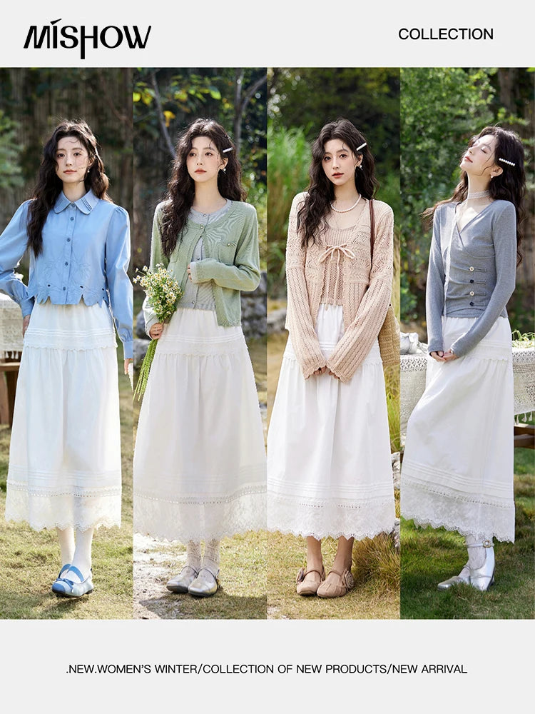 MISHOW French Retro Hollow Lace Skirt for Women Spring 2025 Elegnat 100 Cotton A-line Skirt High Waist Sweet Skirts MXE12B0643