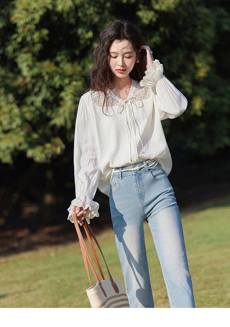 MISHOW Lace Patchwork Shirt for Women Spring 2025 V-neck with Fungus Edge Lace-up Chiffon Top Petal Sleeve Shirts MXE13X1713