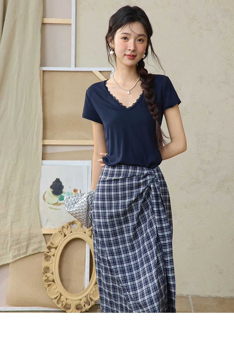 MISHOW Women's Short Sleeve T-shirt 2025 Summer Office Lady Fashion V-neck Spliced Lace Casual Tee Female Clothing  MXE36T0644