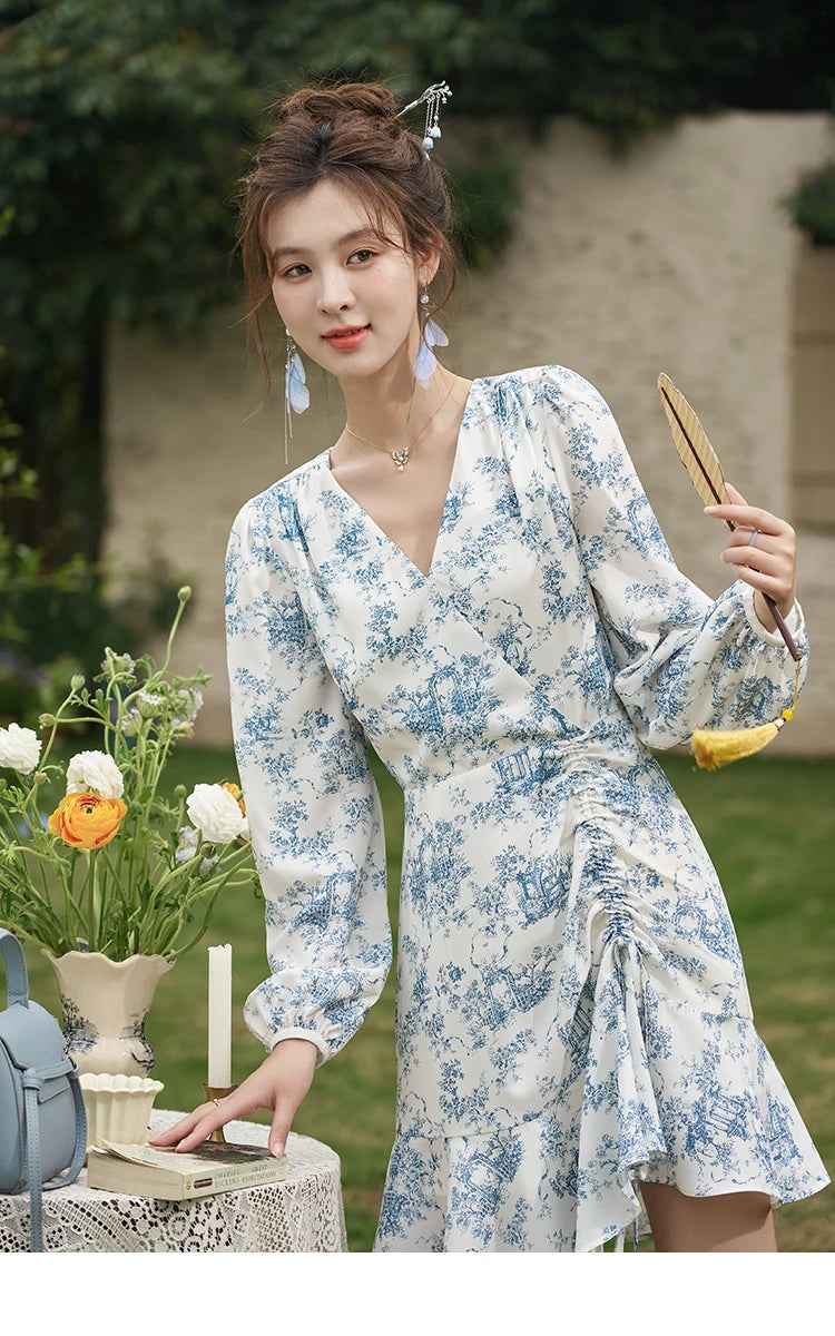 MISHOW French V-neck Chiffon Dress 2025 Spring Slim Blue and White Porcelain Printing Temperament Floral Dresses MXD15L1673