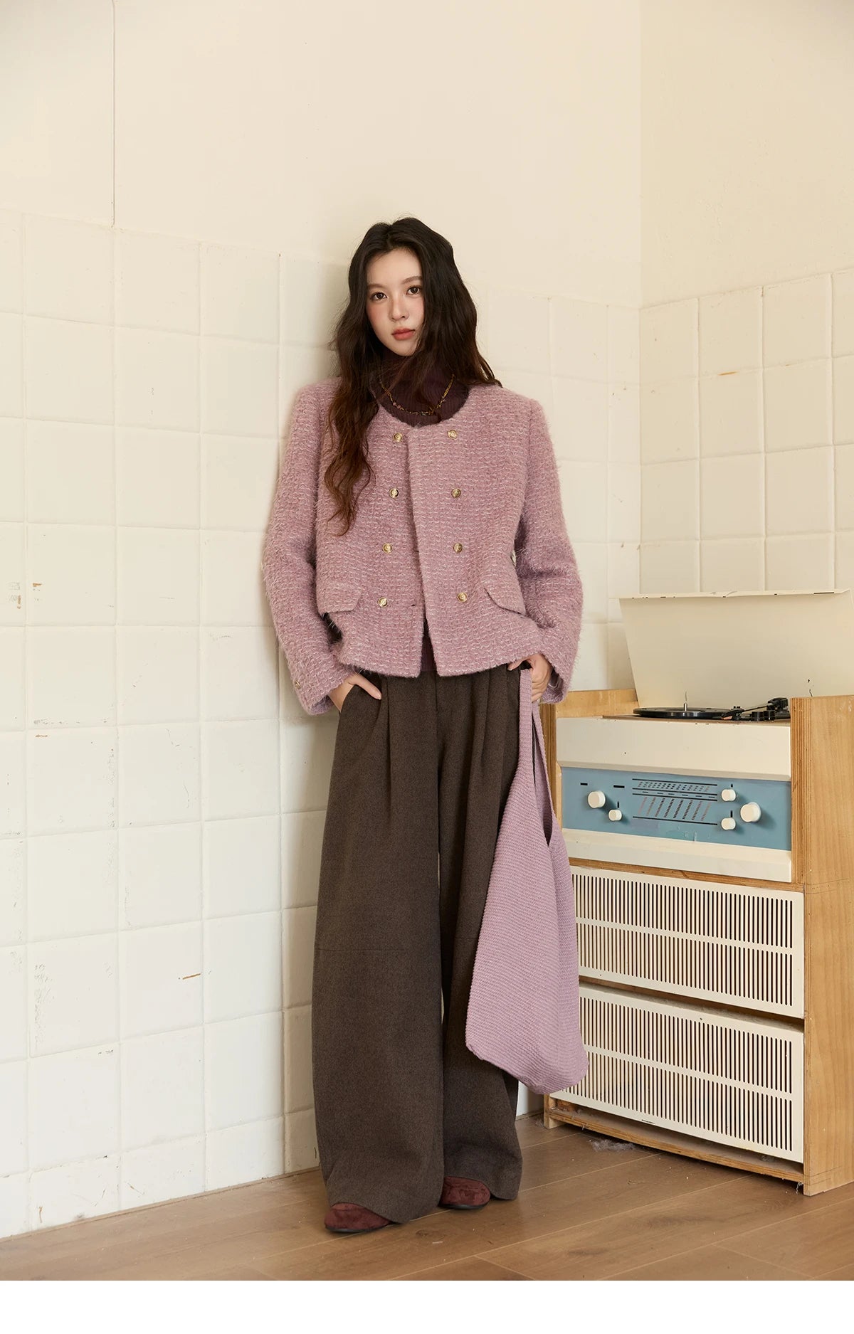 MISHOW Wool Coat Woman 2025 Purple Luxury O-neck Double-breasted Tweed Coat Commute Short Jacket Winter Clothes MXE88W0881