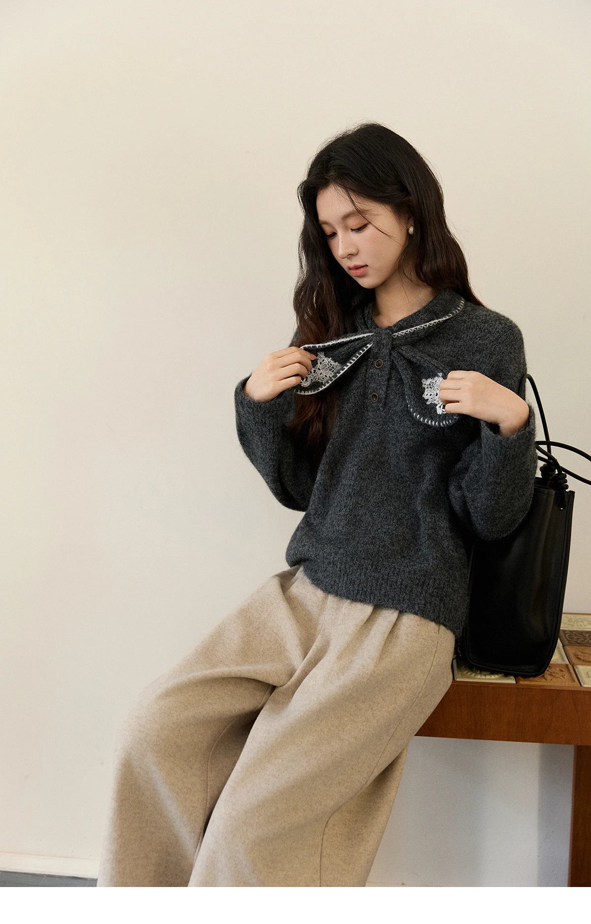 MISHOW Women's Yellow Knitted Sweater 2025 Autumn Winter Bow Collar Splicing Lace Tops Loose Warm Pullover Sweaters MXE94Z2971