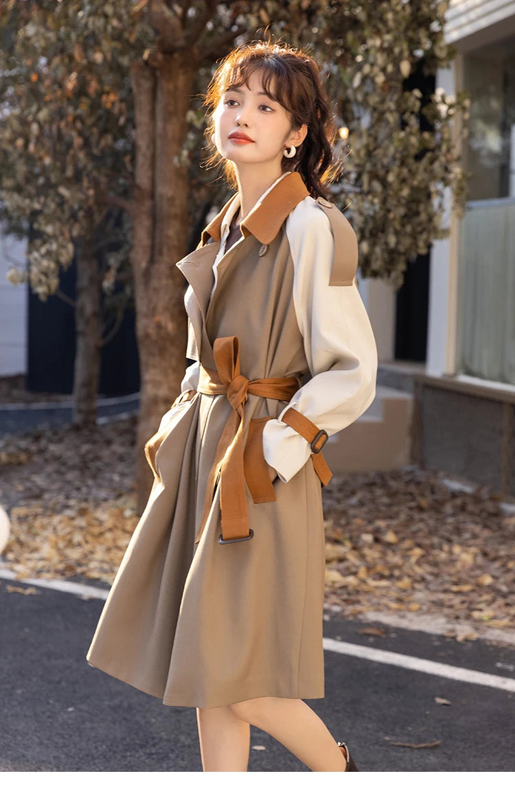 MISHOW Autumn Women's Khaki Trench Contrast Color Woman Clothes Spliced Turn-down Collar All-match Casual Jacket MXB31W0367