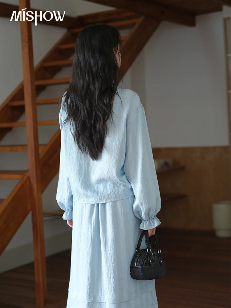 MISHOW Women's Light Blue Striped Linen Suit 2025 Autumn Fungus Edge V-neck Lace-up Shirt Elastic Waist Skirt Two pcs MXE41T0700