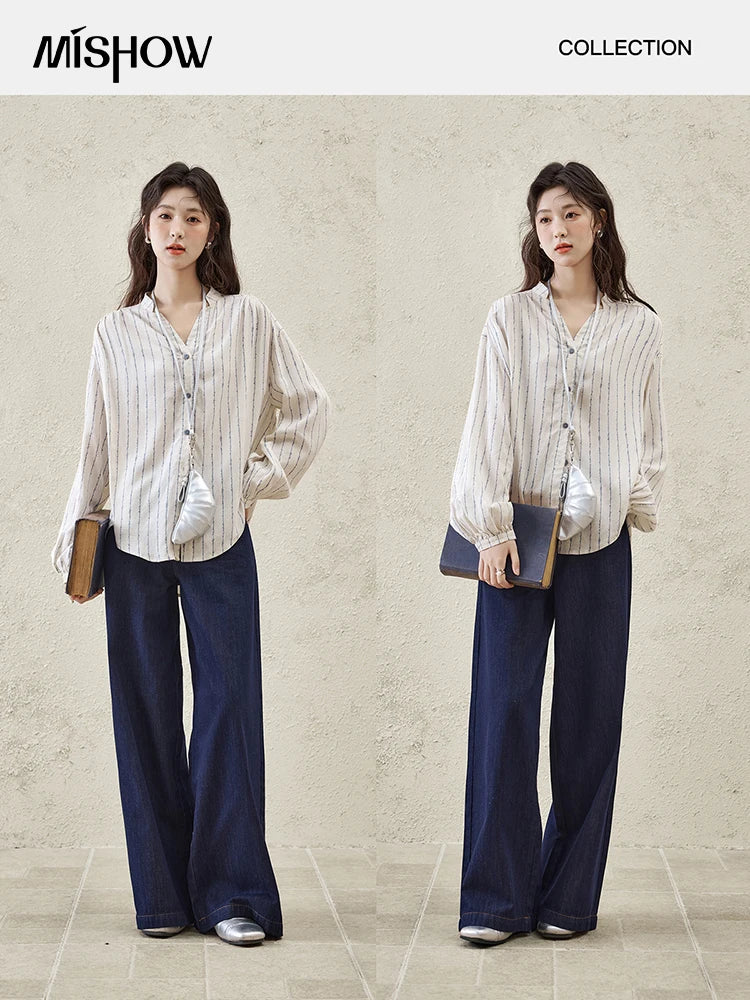 MISHOW Casual Spring Summer Jeans for Women 2025 Stitching Ruffle High Waist Jeans Female New Fashion Wide Leg Pants MXE16K0907