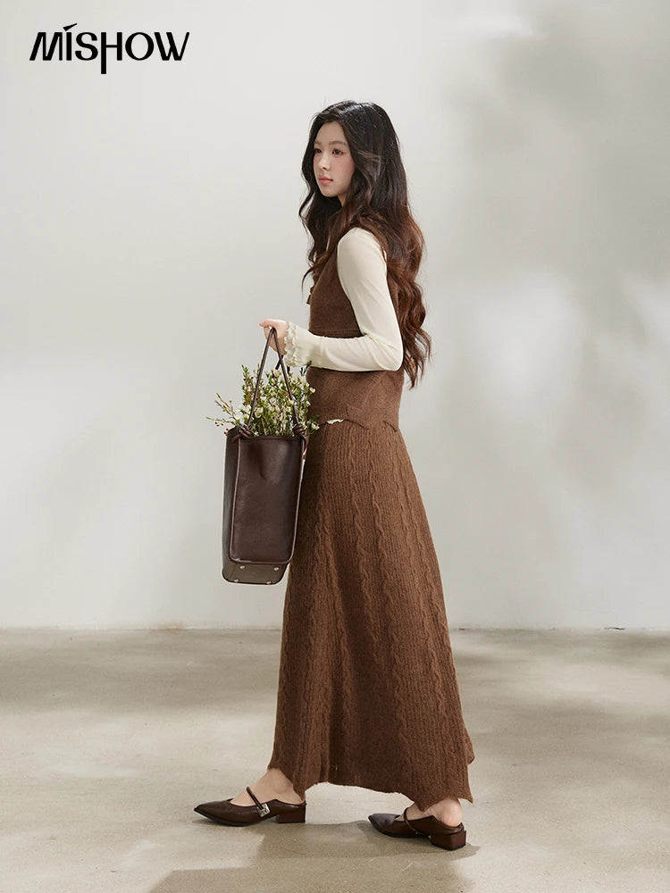 MISHOW Women's Brown Two-Piece Set 2026 Spring Knitted Vest V-Neck Cable Knit Maxi Skirt Casual Retro Warm Outfit MXF11T1460