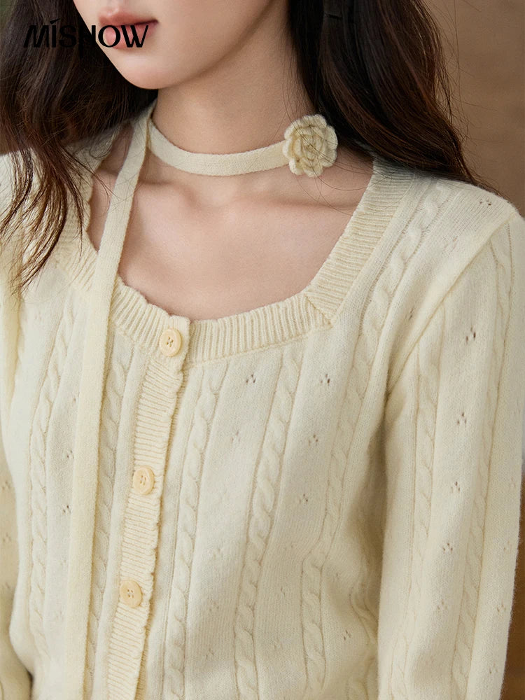 MISHOW Women's Beige Cable Knit Cardigan 2026 Spring Square Neck Long Sleeve Slim Casual Knitwear with Flower Ribbon MXF11Z2903