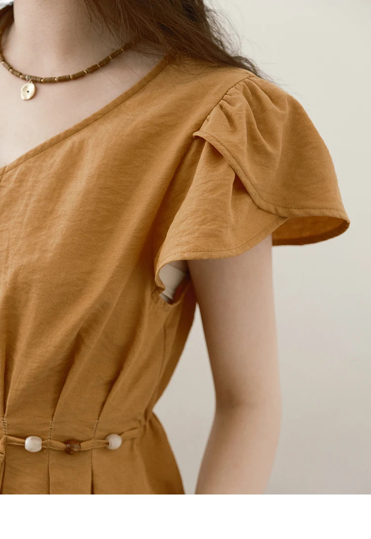 MISHOW Women's Petal Sleeve Slim Shirt 2025 Summer New V-neck Button Bead belt Black Fungus Edge Top Ladies Clothing MXE39X1881