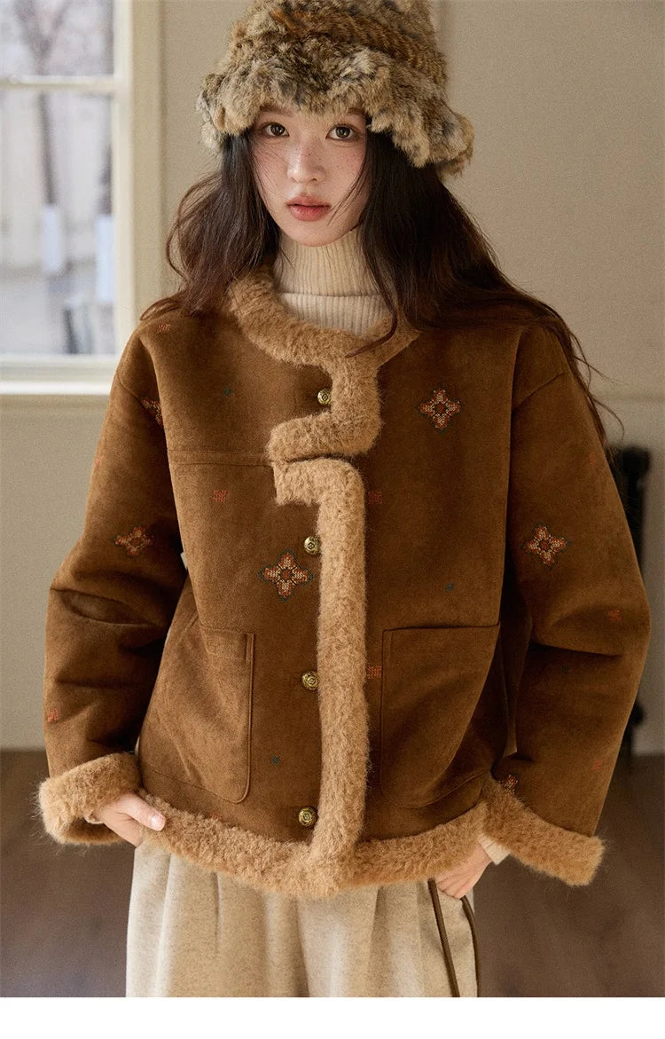 MISHOW Women Brown Jacket 2025 Winter Retro Stand Collar Single-Breasted Windproof Coat Comfortable Long-Sleeve Coat MXE86W0910