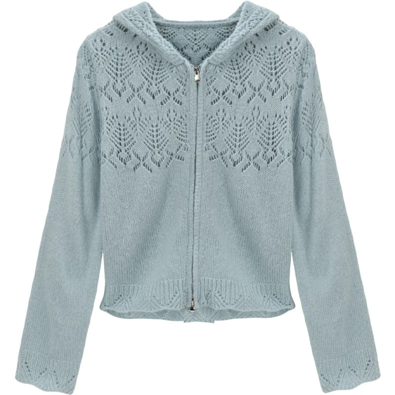 MISHOW Women's Autumn Cardigan 2025 New Loose Blue Hollow Knitted Cardigan Commute Hooded Short Zipper Sweater MXE46Z2584