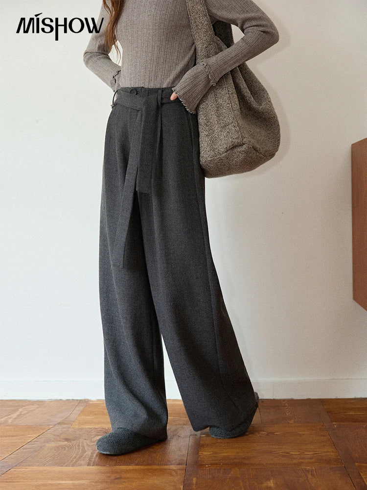 MISHOW Women's Winter Pants 2025 Retro Gray Wide-leg Pants Loose Warm Comfortable Commute Slim Trousers Woman Clothes MXE89K1099