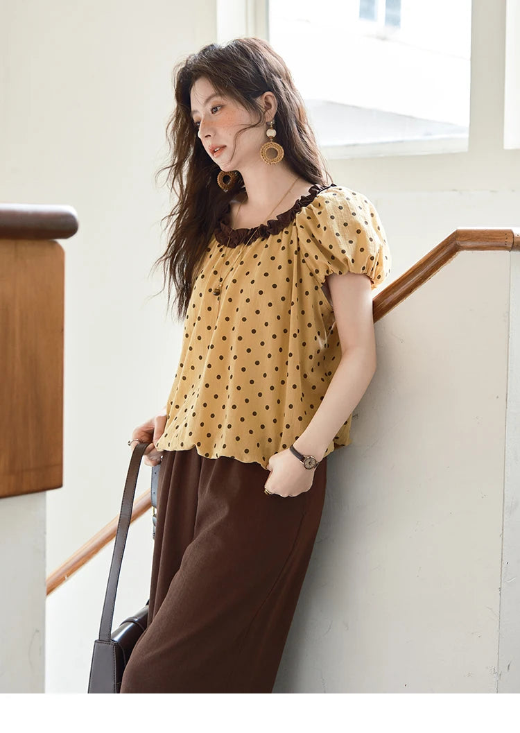 MISHOW 2025 Summer Women's Two Piece Set Polka Dot Puff Sleeve Top Casual Pocket Wide Leg Pants Set Female Clothing MXE39T0657