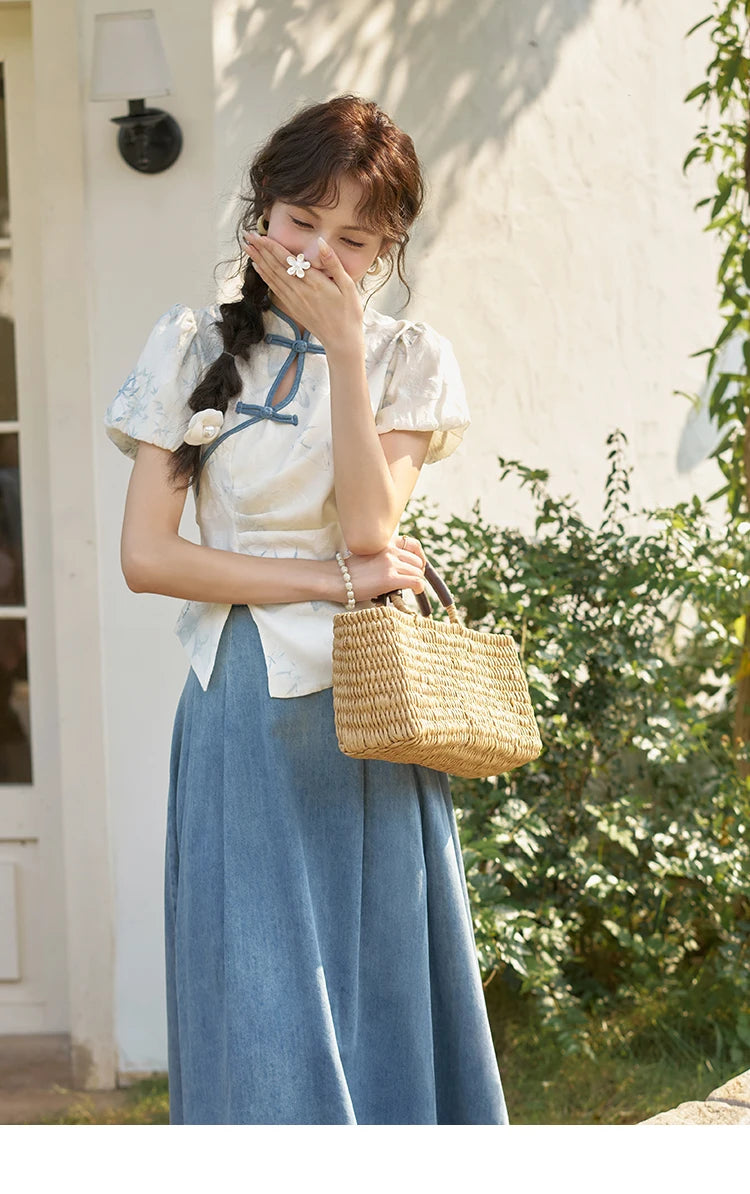 MISHOW Chinese Embroidered T-shirt High Waist Skirt Separately Summer 2024 Short Sleeve Split Hem Tops Denim Skirts MXD28X1604