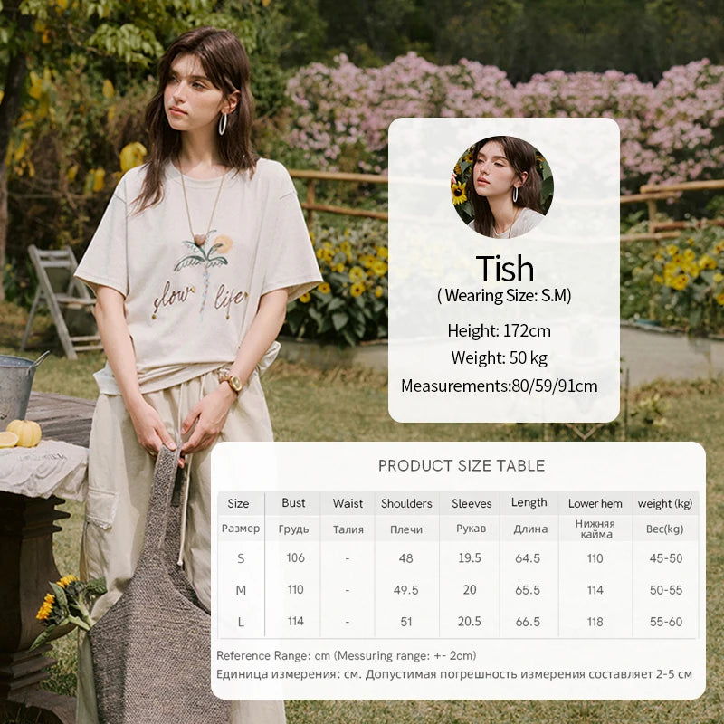 MISHOW Casual Summer Print Shirts Women 2025 Short Sleeve Round Neck Coconut Tree Straight T-shirts Woman Versatile MXE31T0520