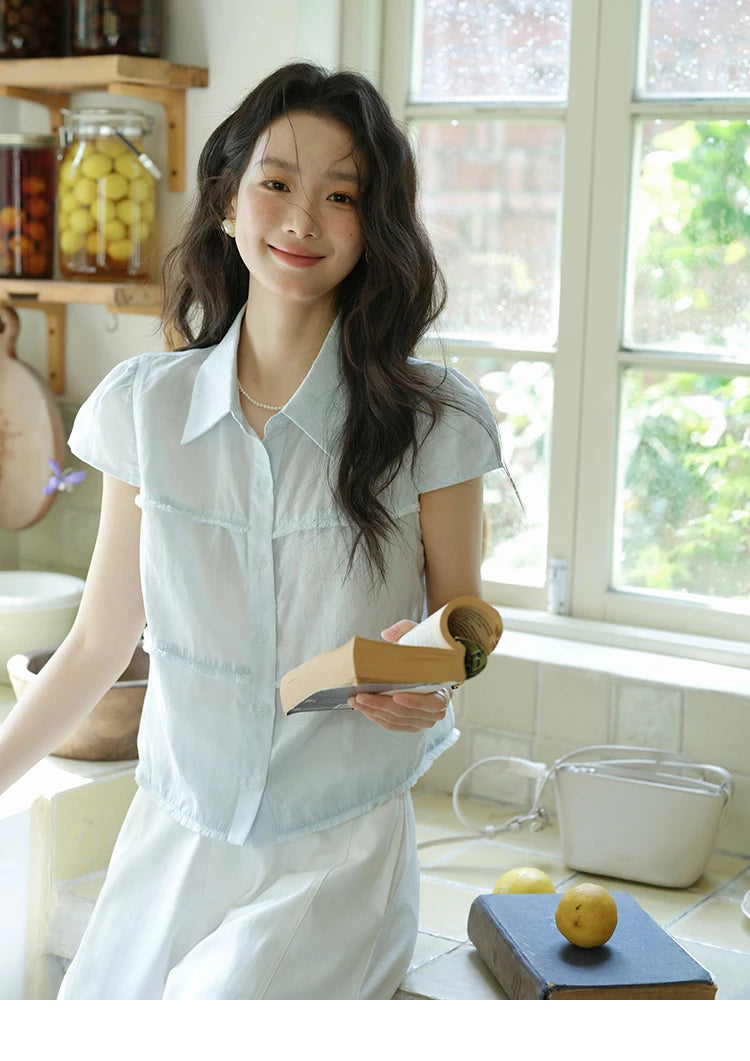 MISHOW Women's Turn-down Collar Button Casual Shirt 2025 Summer New Ladies Wear Edge Splicing Commut Short Sleeve Top MXE39C2363