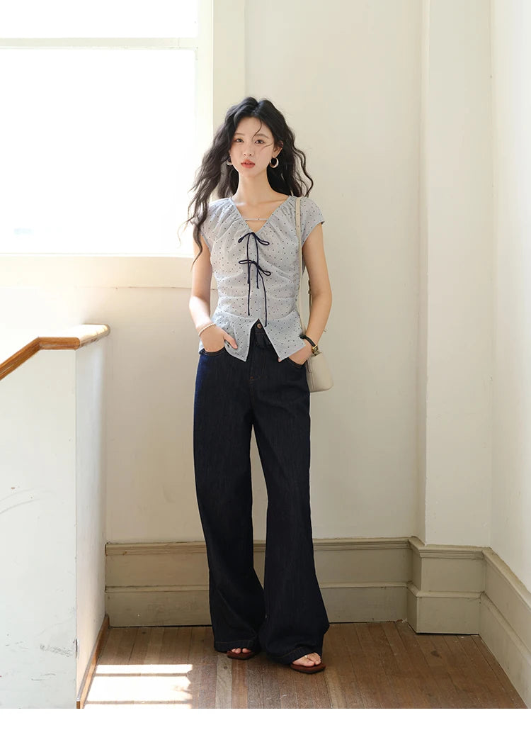 MISHOW Women's Elegant Blouses 2025 Summer Ladies V-Neck Bow Spliced Polka Dot Garment Sleeves Top Female Clothing MXE37X1909