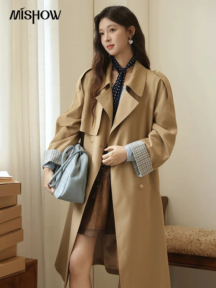 MISHOW Khaki Retro Plaid Flip Sleeve Trench Coat Autumn 2025 Double Breasted Belt Medium Length Trench Office Lady MXE44W0814