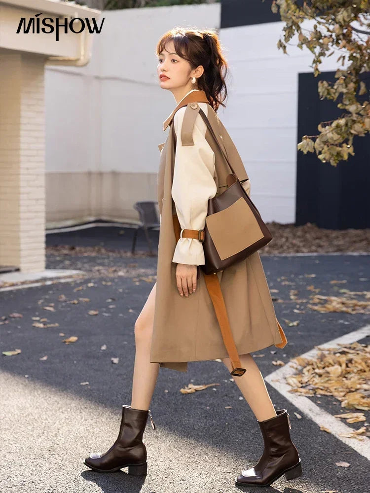 MISHOW Autumn Women's Khaki Trench Contrast Color Woman Clothes Spliced Turn-down Collar All-match Casual Jacket MXB31W0367
