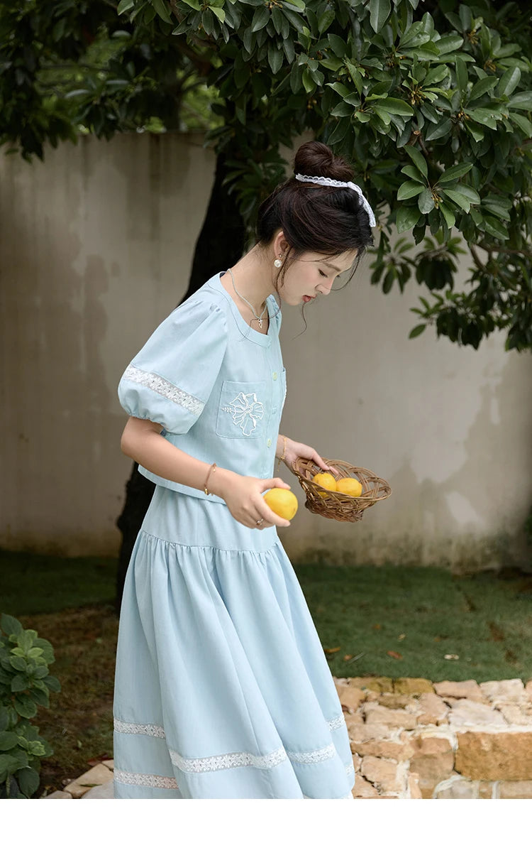 MISHOW Blue Pocket Patchwork Lace Shirt Elastic Waist Skirt Separately 2024 Summer Korean Round Neck Top Sweet Skirts MPD22B0450