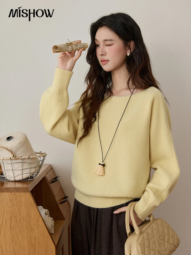 MISHOW Women's Solid Knitted Sweater 2025 Autumn Winter Boat Neck Lantern Sleeve Loose Sweater Soft Warm Pullover Top MXE94Z2984