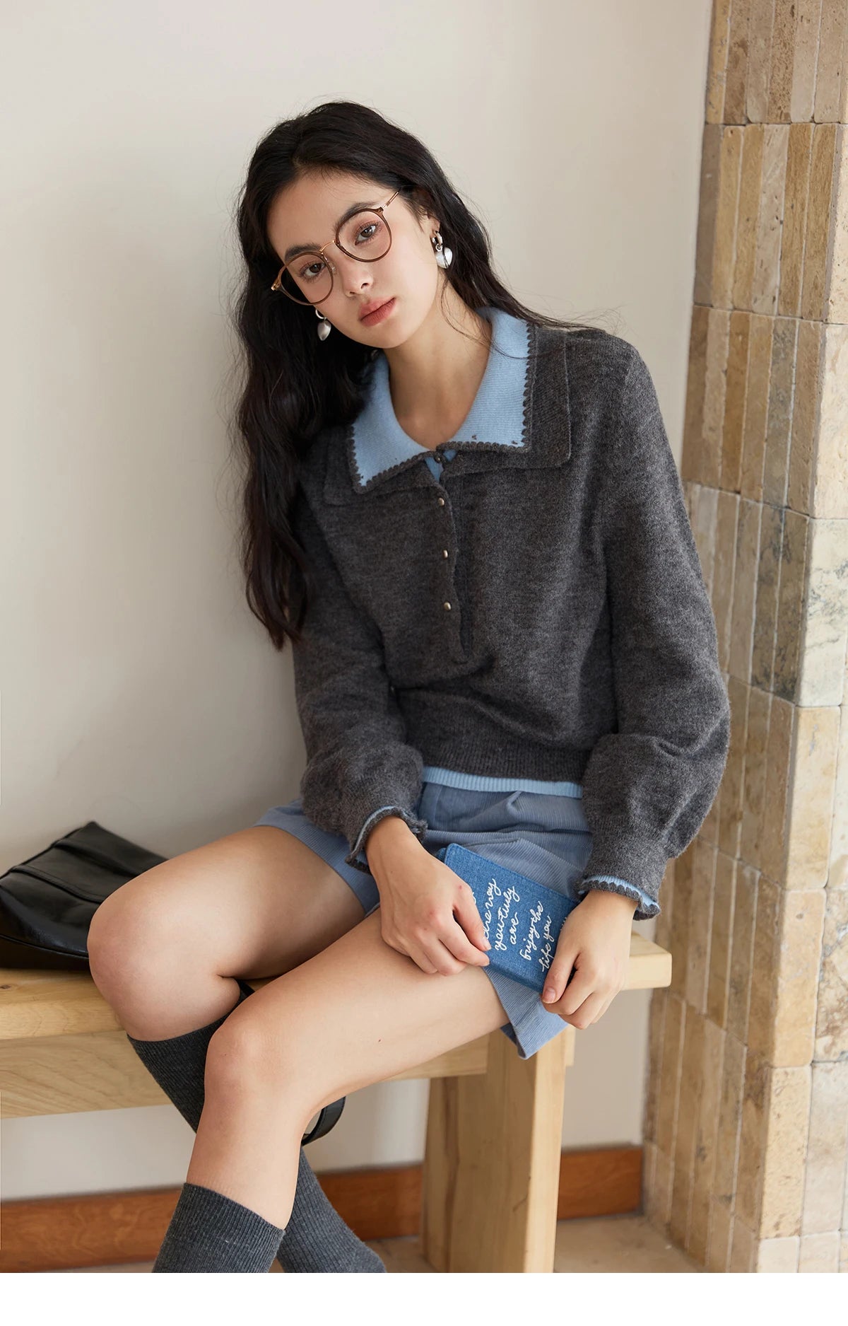 MISHOW Elegant Women's Sweaters 2025 Autumn Designer Knitted Double-layer Turn-down Collar Loose Long Sleeves Tops  MXE45Z2502