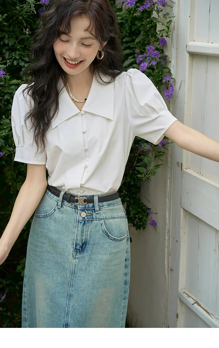 MISHOW Bubble Sleeve V-neck Commuting Shirts for Women 2025 Summer Retro Lapel Neck Short Sleeve Loose Solid Tops MXD28X1471