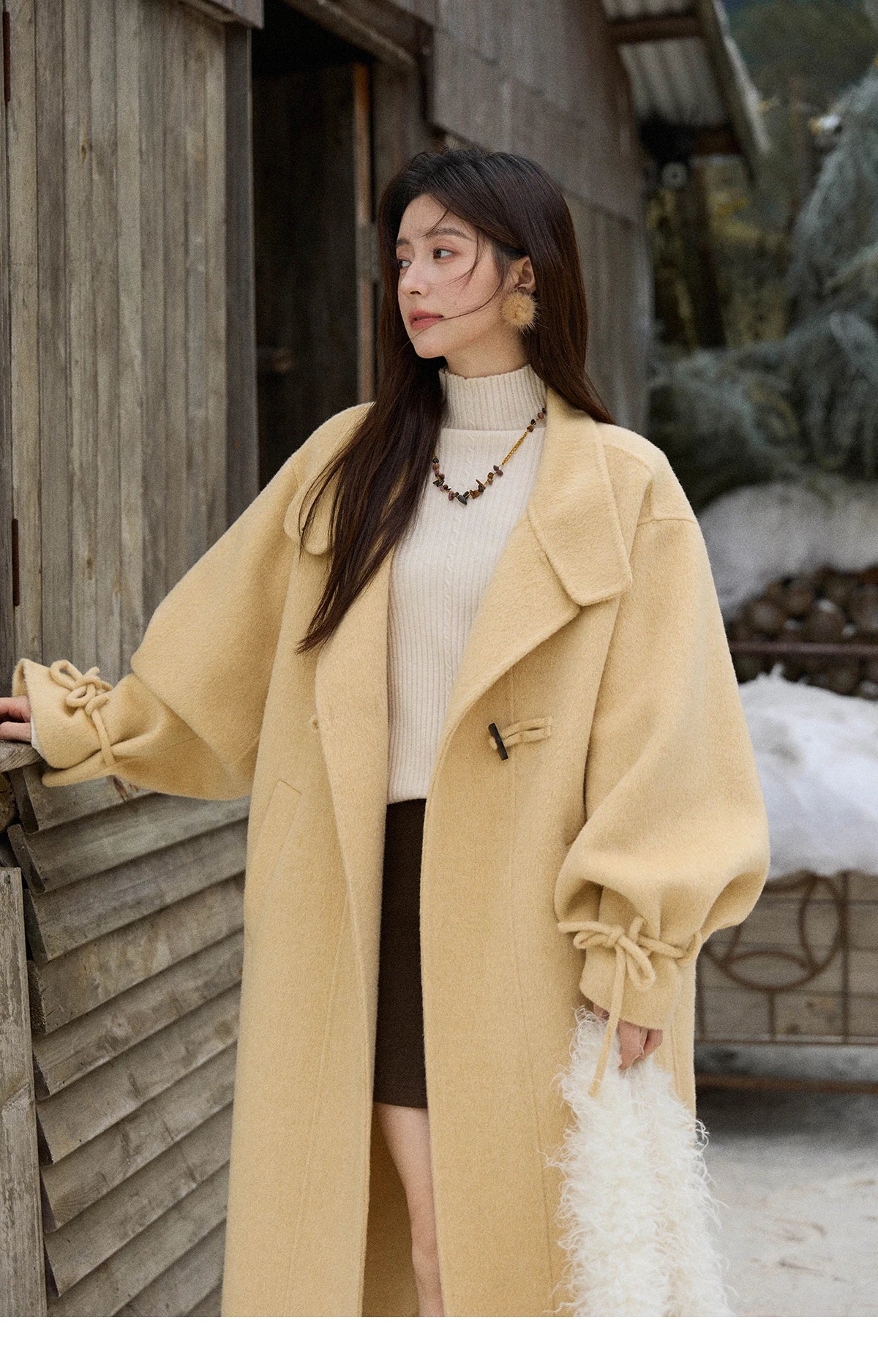 MISHOW Women's Long Coats 2025 Winter Yellow Double-faced 100% Wool Coat Windproof Lantern Sleeve Turtleneck Coat MXE51W0902